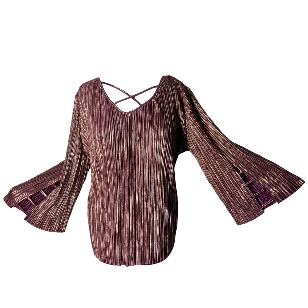 Masseys Metallic Mauve Flowy Pleated Blouse Ruched Bell sleeves Vneck 3X